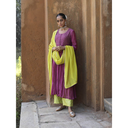 Label Kinjal Modi Fine Chanderi Kurta and Dupatta with Silk Pant-Purple (Set of 3)