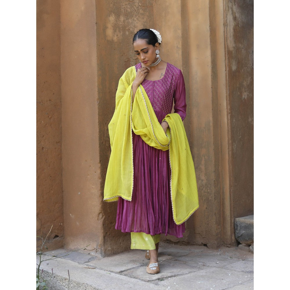 Label Kinjal Modi Fine Chanderi Kurta and Dupatta with Silk Pant-Purple (Set of 3)