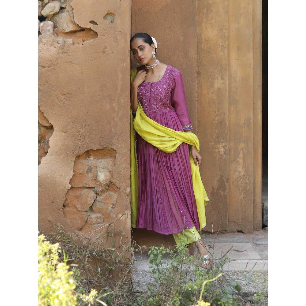 Label Kinjal Modi Fine Chanderi Kurta and Dupatta with Silk Pant-Purple (Set of 3)