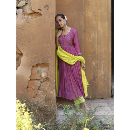 Label Kinjal Modi Fine Chanderi Kurta and Dupatta with Silk Pant-Purple (Set of 3)