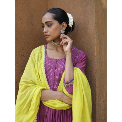 Label Kinjal Modi Fine Chanderi Kurta and Dupatta with Silk Pant-Purple (Set of 3)