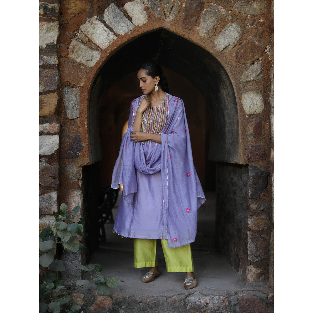 Label Kinjal Modi Chanderi Kurta with Pants and Dupatta-Lavender (Set of 3)