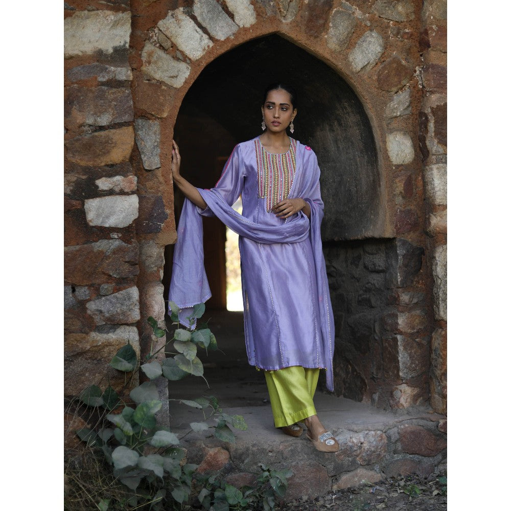 Label Kinjal Modi Chanderi Kurta with Pants and Dupatta-Lavender (Set of 3)