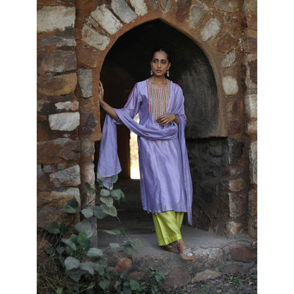Label Kinjal Modi Chanderi Kurta with Pants and Dupatta-Lavender (Set of 3)