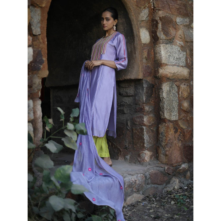 Label Kinjal Modi Chanderi Kurta with Pants and Dupatta-Lavender (Set of 3)