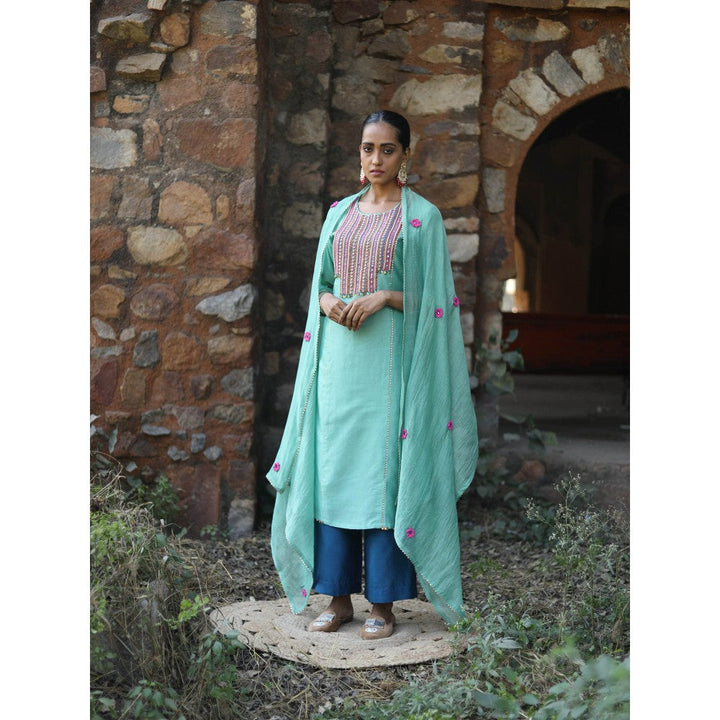 Label Kinjal Modi Chanderi Kurta with Pants and Dupatta-Turquoise (Set of 3)