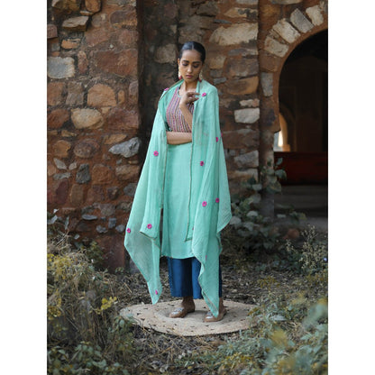 Label Kinjal Modi Chanderi Kurta with Pants and Dupatta-Turquoise (Set of 3)