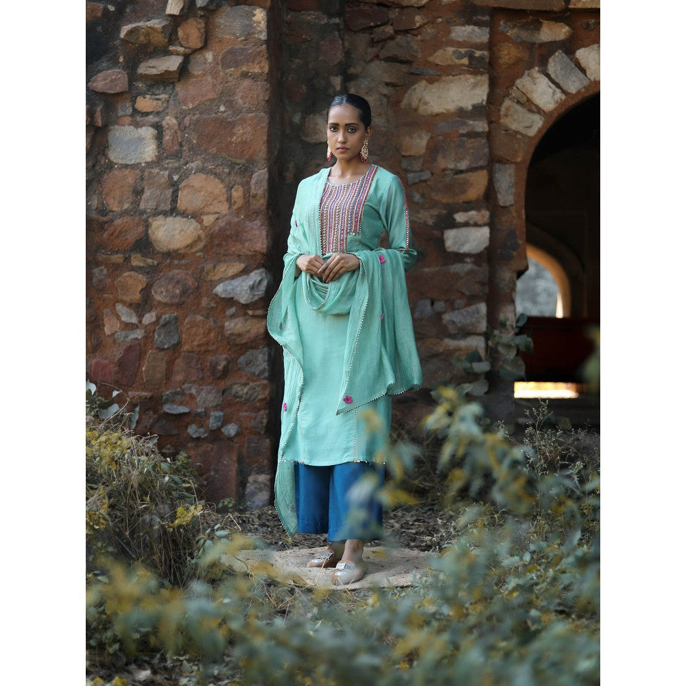 Label Kinjal Modi Chanderi Kurta with Pants and Dupatta-Turquoise (Set of 3)