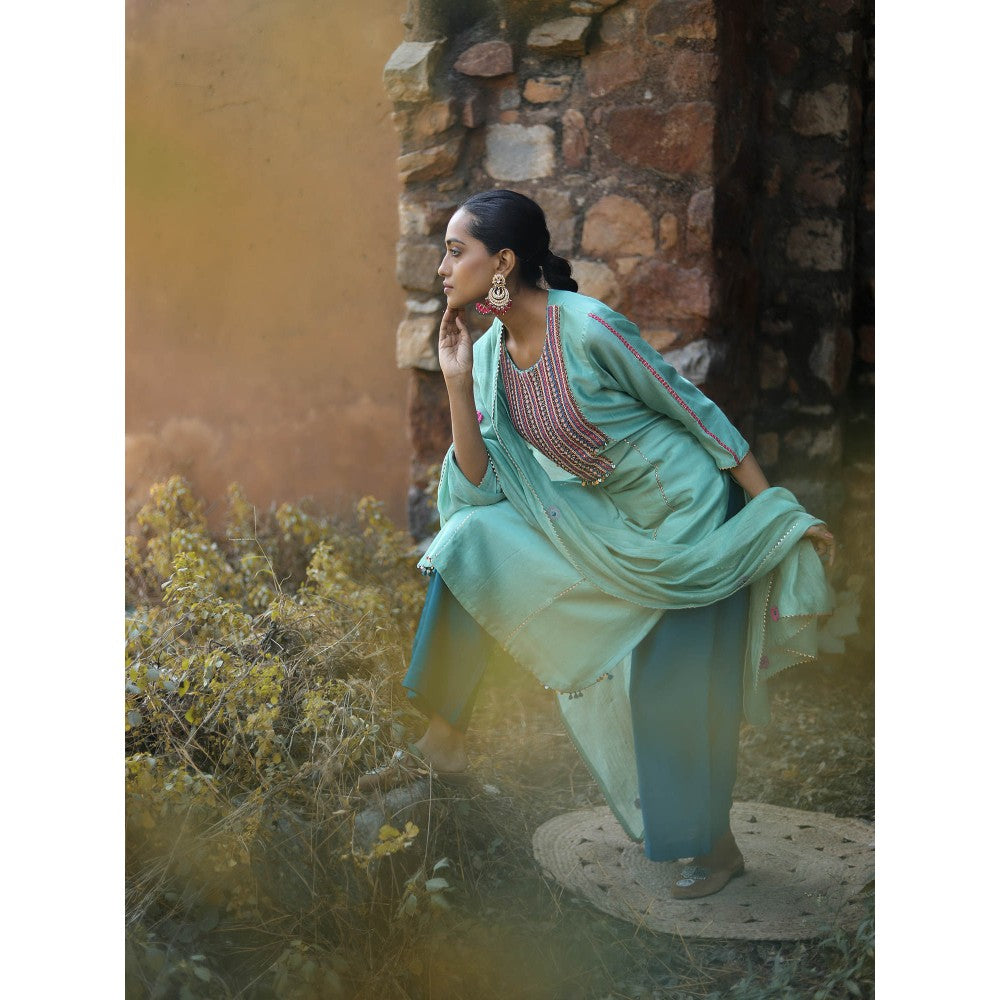 Label Kinjal Modi Chanderi Kurta with Pants and Dupatta-Turquoise (Set of 3)