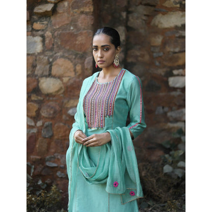 Label Kinjal Modi Chanderi Kurta with Pants and Dupatta-Turquoise (Set of 3)