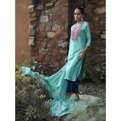 Label Kinjal Modi Chanderi Kurta with Pants and Dupatta-Turquoise (Set of 3)