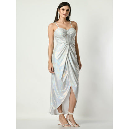 Sunanta Madaan Celeste - Corset Draped Dress in Metallic Silver Color