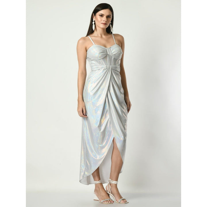 Sunanta Madaan Celeste - Corset Draped Dress in Metallic Silver Color