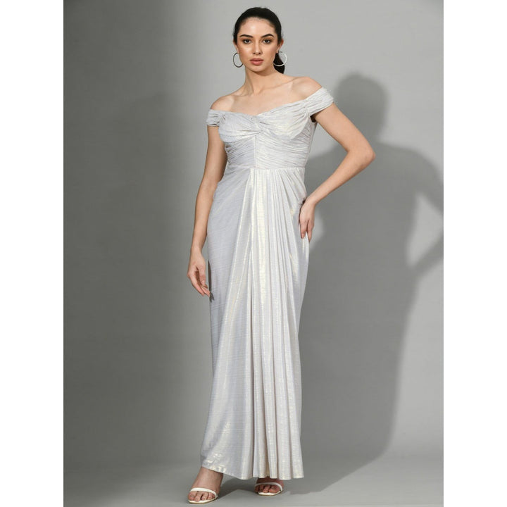 Sunanta Madaan Glammed Up - Knot Draped Gown in Light Silver Color