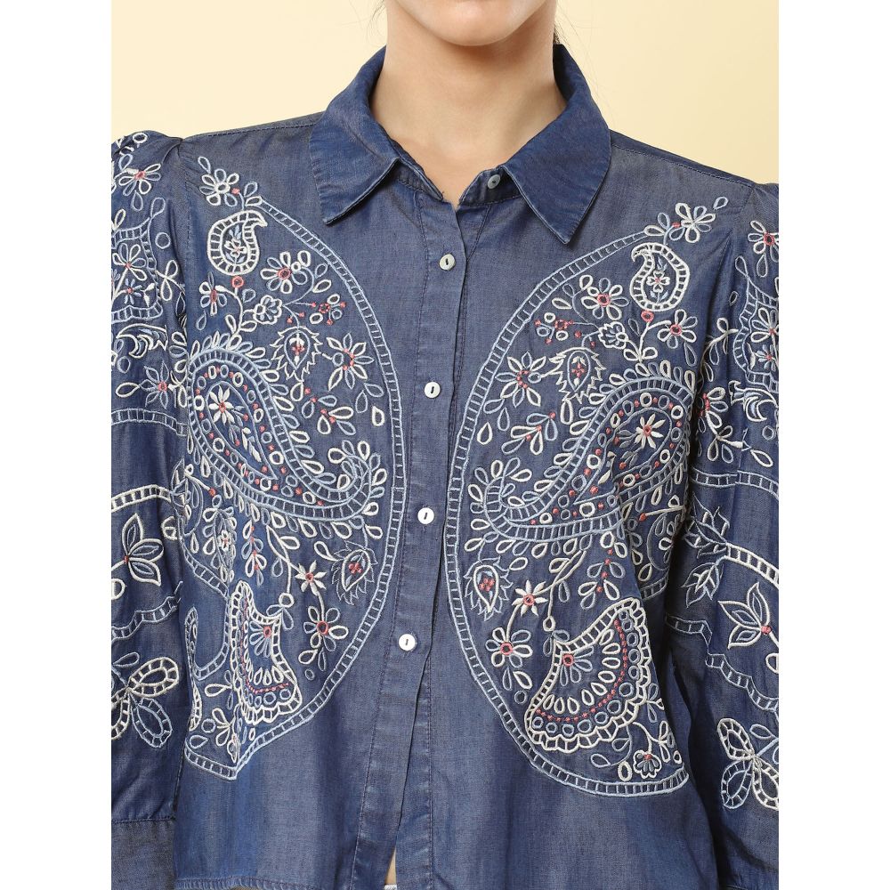 Label Ritu Kumar Blue Floral Embroidered Denim Shirt