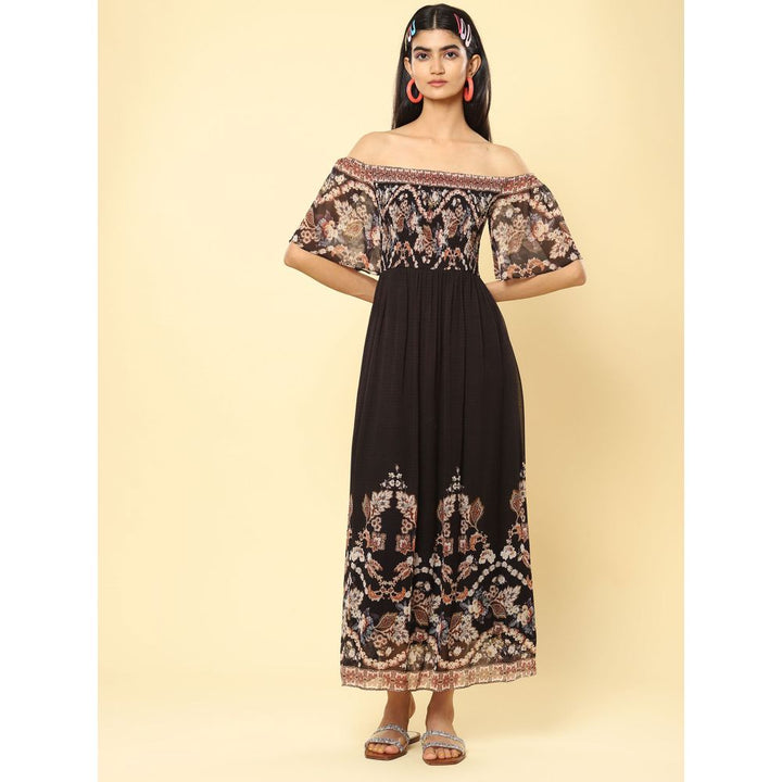 Label Ritu Kumar Black Floral Print Off-The-Shoulder Maxi Dress