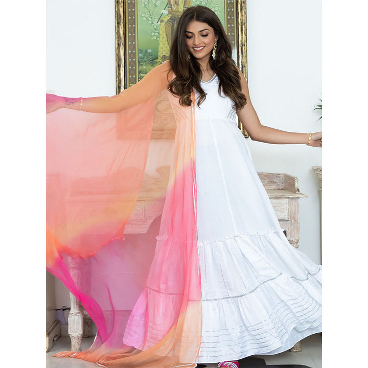 Lavanya The Label White Long Flared Dress With Dupatta (Set of 2)