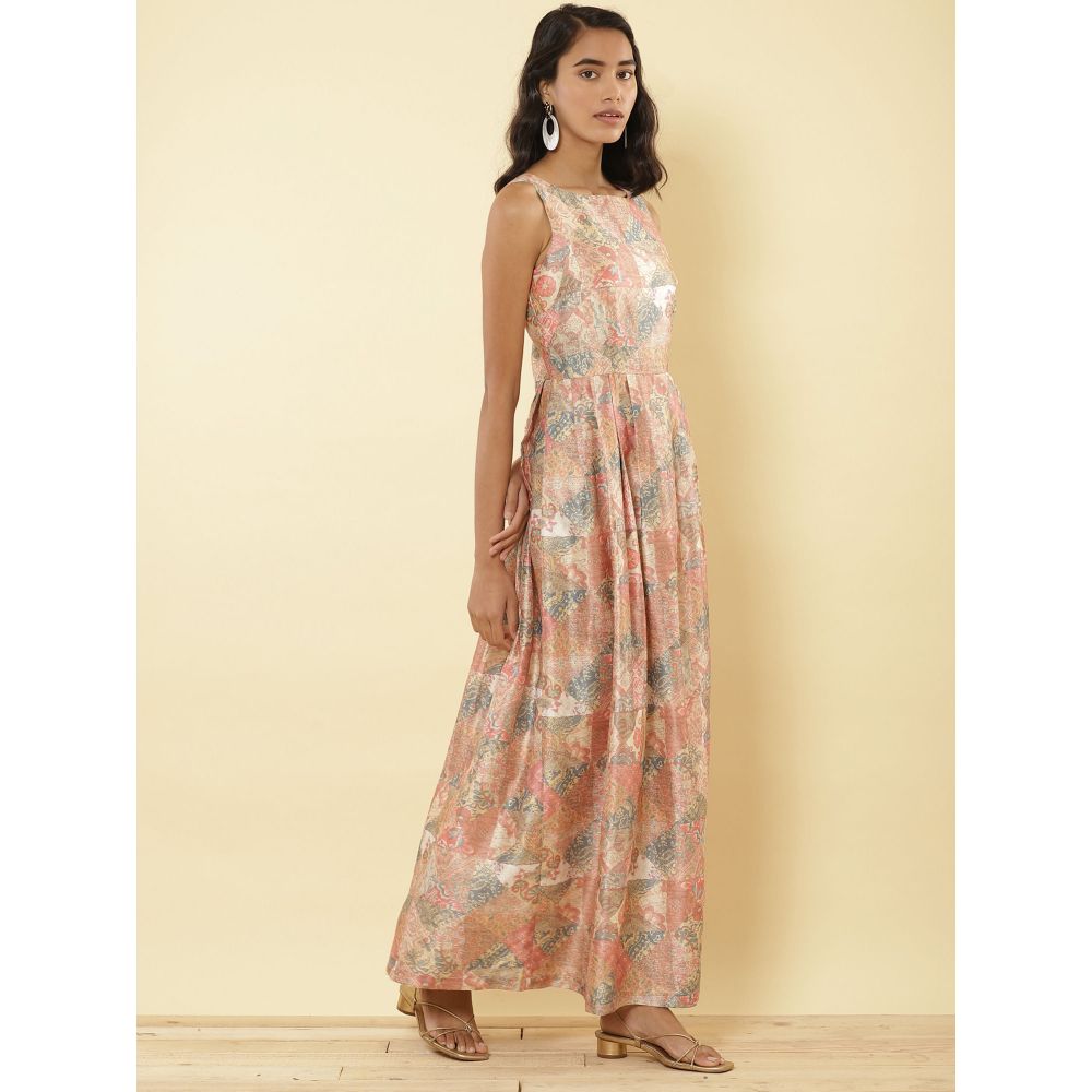 Label Ritu Kumar Boat Neck Sleeveless Printed Long Dress