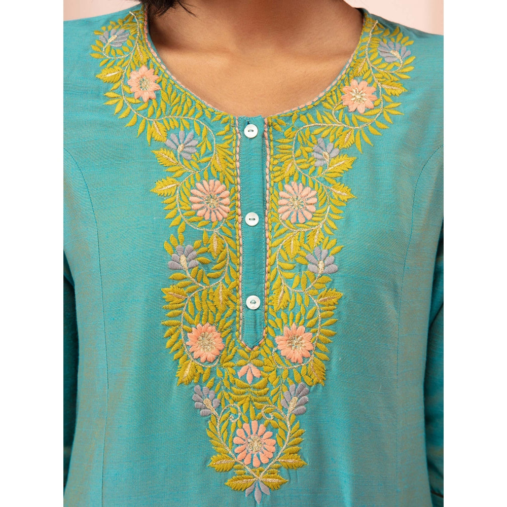 Likha Shan-E-Avadh Blue Floral Embroidered Straight Kurta