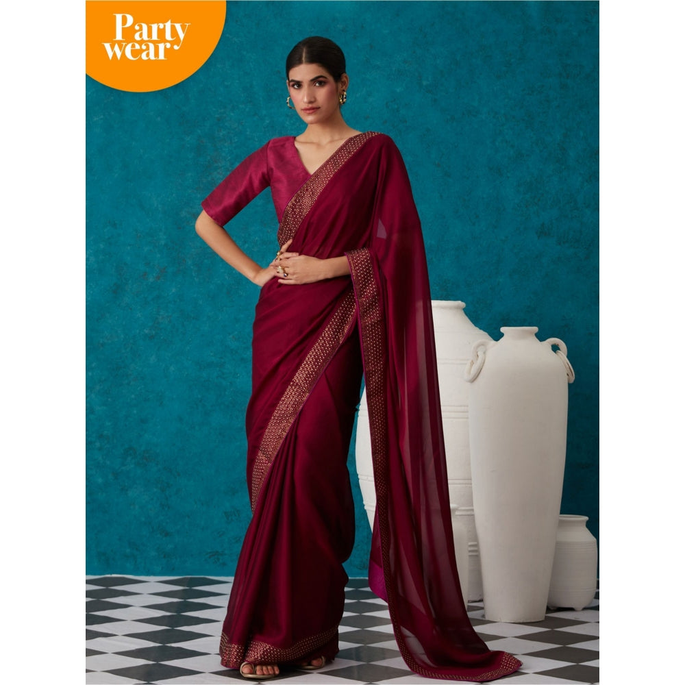 Likha Maroon Georgette Solid Embellished & Sequined Saree with Unstitched Blouse