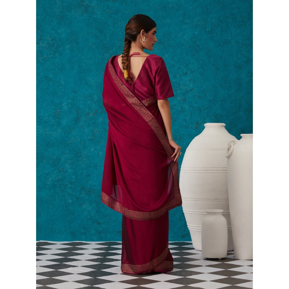 Likha Maroon Georgette Solid Embellished & Sequined Saree with Unstitched Blouse
