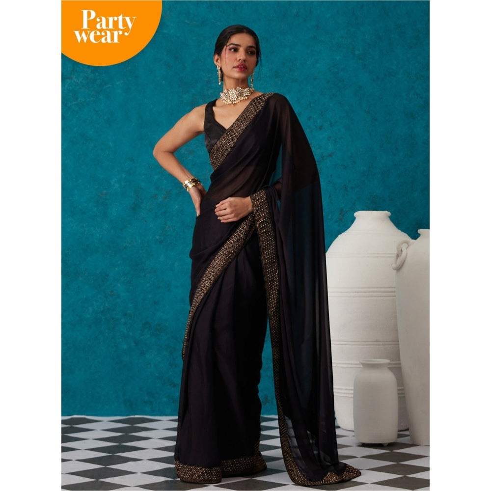 Likha Black Georgette Solid Embellished & Sequined Saree with Unstitched Blouse