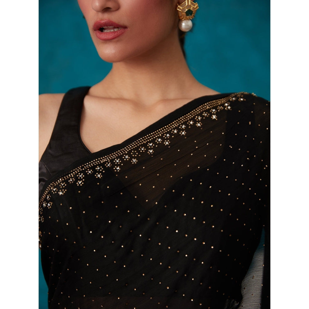 Likha Black Satin Solid Embellished & Sequined Saree with Unstitched Blouse