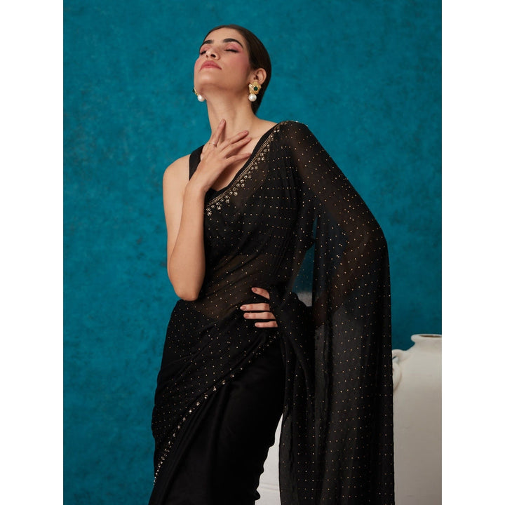 Likha Black Satin Solid Embellished & Sequined Saree with Unstitched Blouse