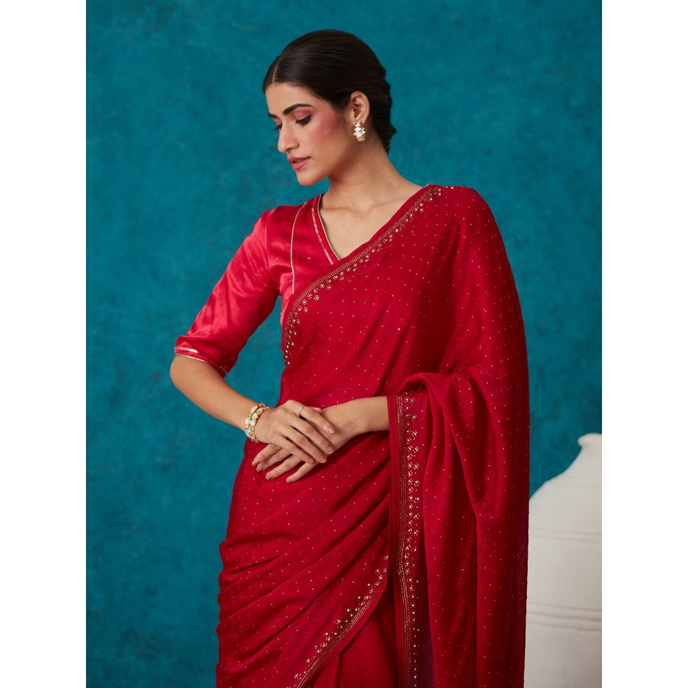 Likha Maroon Satin Solid Embellished & Sequined Saree with Unstitched Blouse