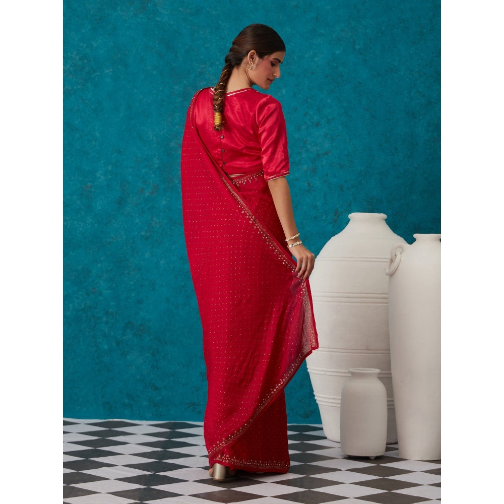 Likha Maroon Satin Solid Embellished & Sequined Saree with Unstitched Blouse