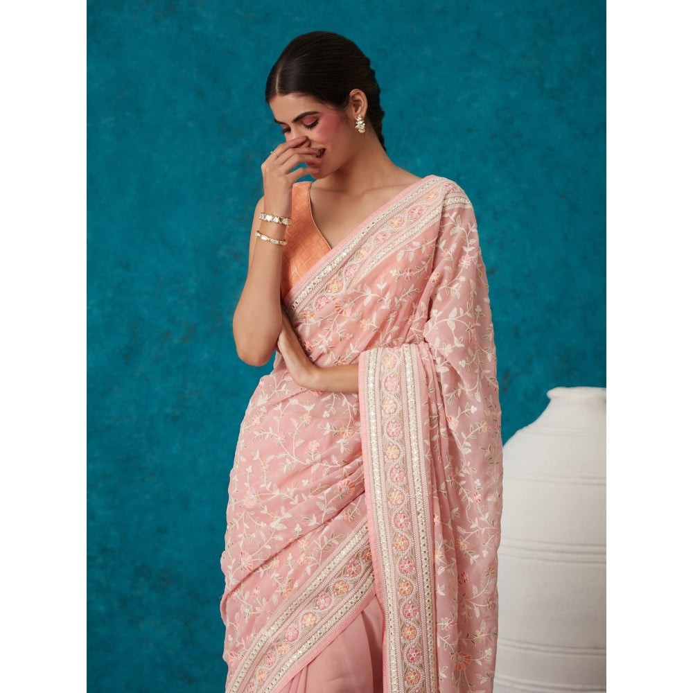 Likha Pink Georgette Embroidered & Sequined Saree with Unstitched Blouse