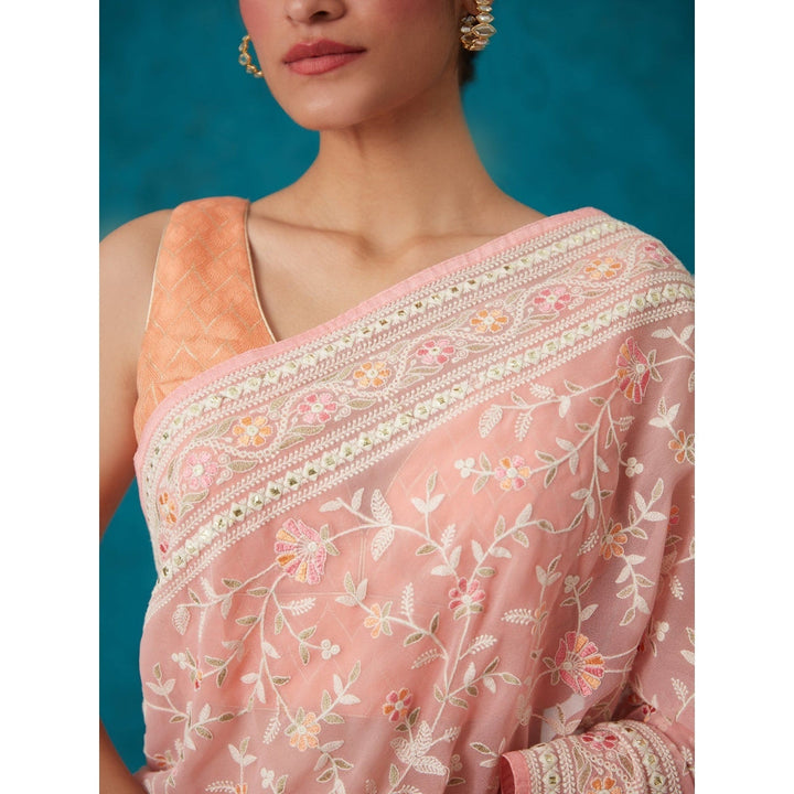 Likha Pink Georgette Embroidered & Sequined Saree with Unstitched Blouse