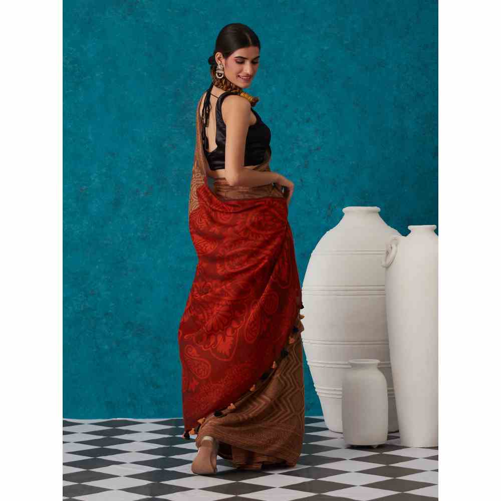 Likha Brown Liva Jacquard Textured Lite Saree With Unstitched Blouse
