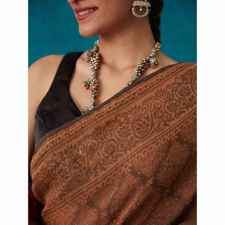 Likha Brown Liva Jacquard Textured Lite Saree With Unstitched Blouse