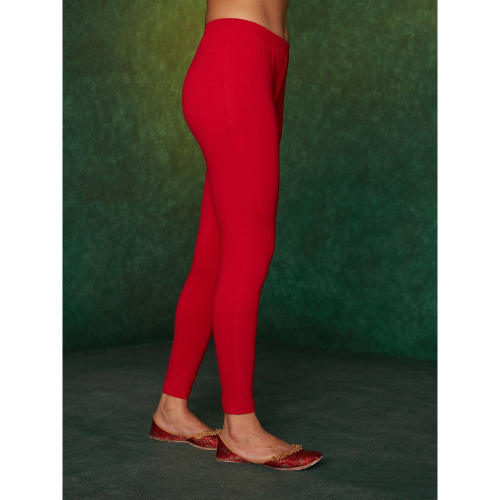 Likha Red 200 GSM, 4 Way Stretch Cotton Lycra Ankle Length Leggings