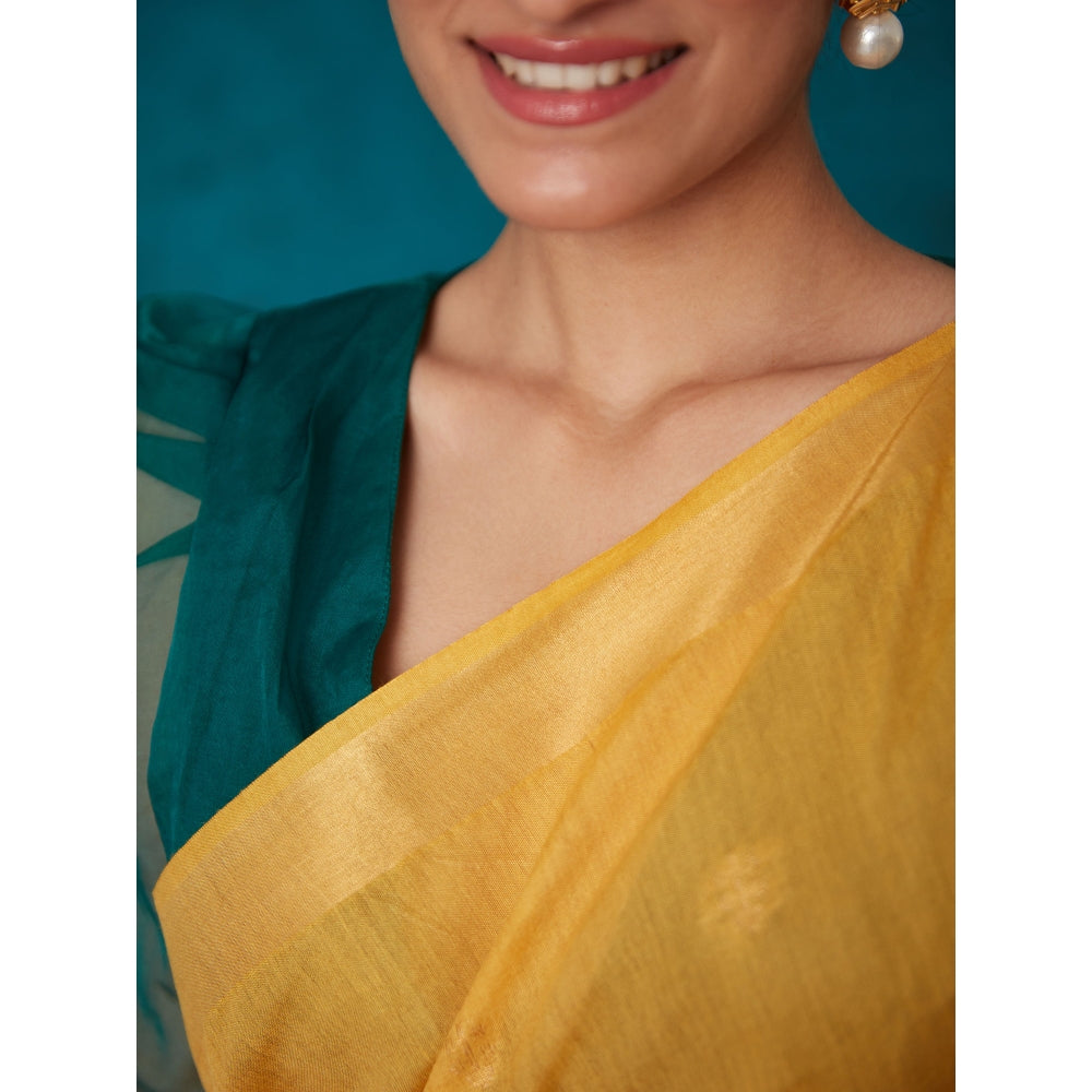 Likha Yellow Bhagalpuri Festive Linen Zari Saree & Unstitched Blouse