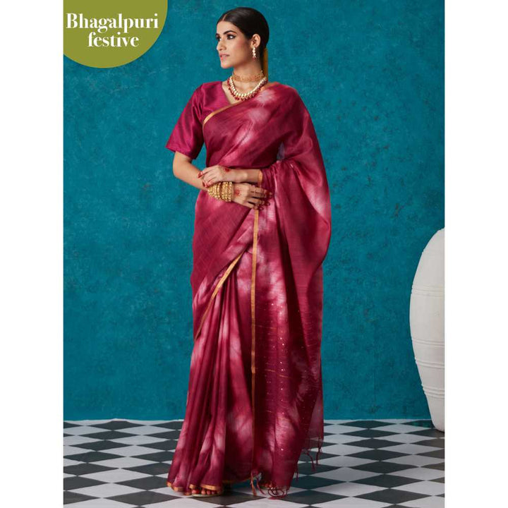 Likha Pink Bhagalpuri Festive Linen Tie & Dye Saree & Unstitched Blouse