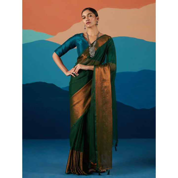 Likha Green Georgette Solid Zari Party Wear Saree & Unstitched Blouse