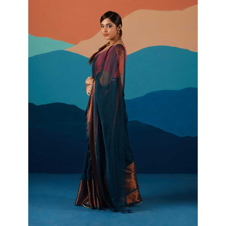 Likha Teal Georgette Solid Zari Party Wear Saree & Unstitched Blouse