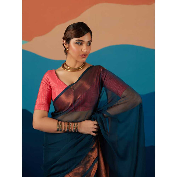 Likha Teal Georgette Solid Zari Party Wear Saree & Unstitched Blouse