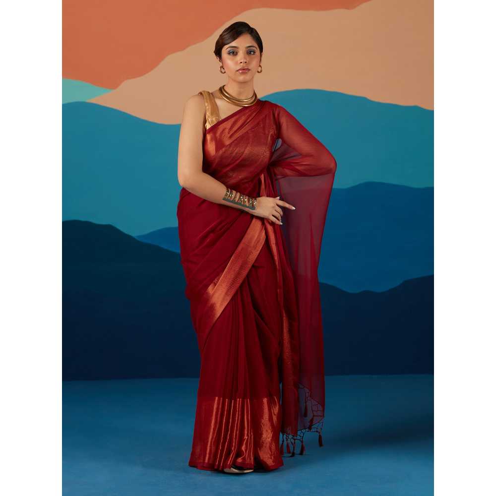 Likha Red Georgette Solid Zari Party Wear Saree & Unstitched Blouse