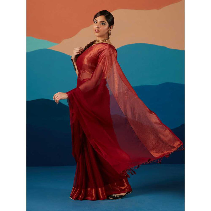 Likha Red Georgette Solid Zari Party Wear Saree & Unstitched Blouse
