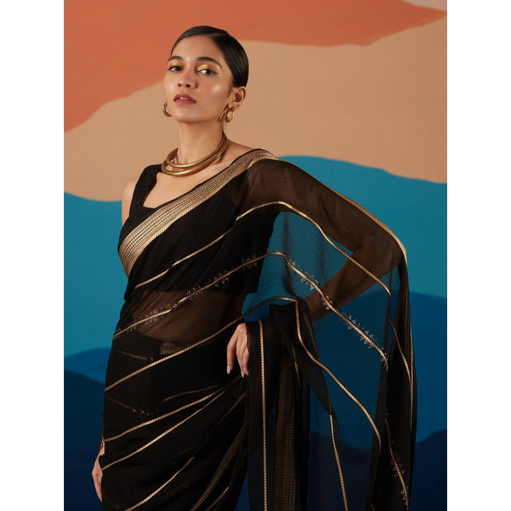 Likha Black Georgette Beads Or Stones Party Wear Saree & Unstitched Blouse
