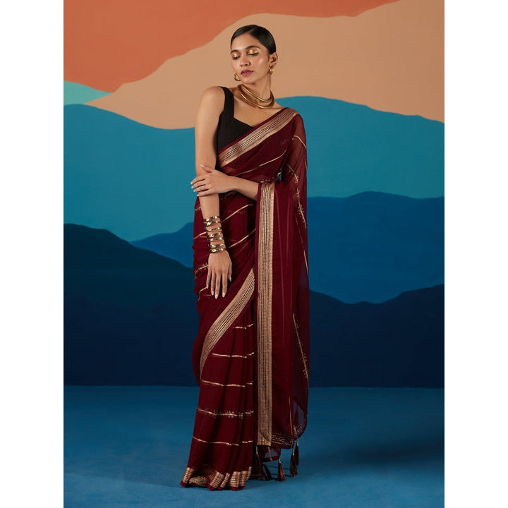 Likha Maroon Georgette Beads Or Stones Party Wear Saree & Unstitched Blouse