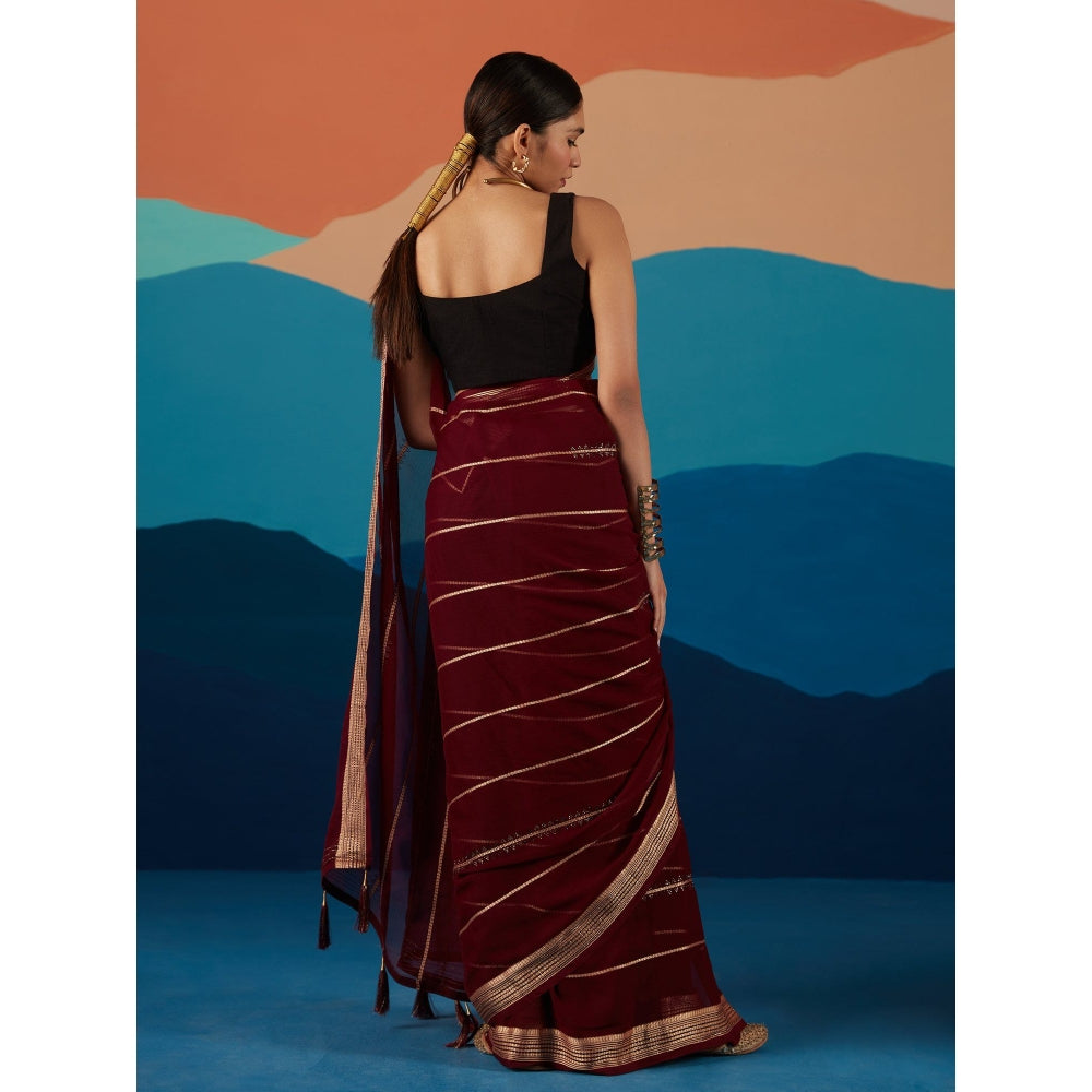 Likha Maroon Georgette Beads Or Stones Party Wear Saree & Unstitched Blouse