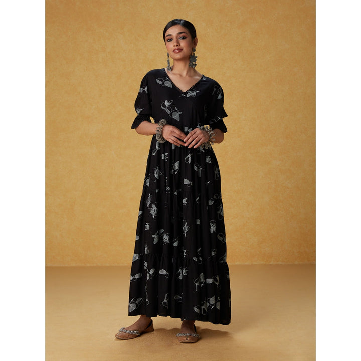 Likha Black Monochrome Bird Printed Tiered Maxi Dress