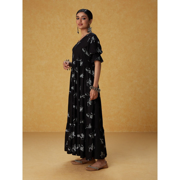 Likha Black Monochrome Bird Printed Tiered Maxi Dress