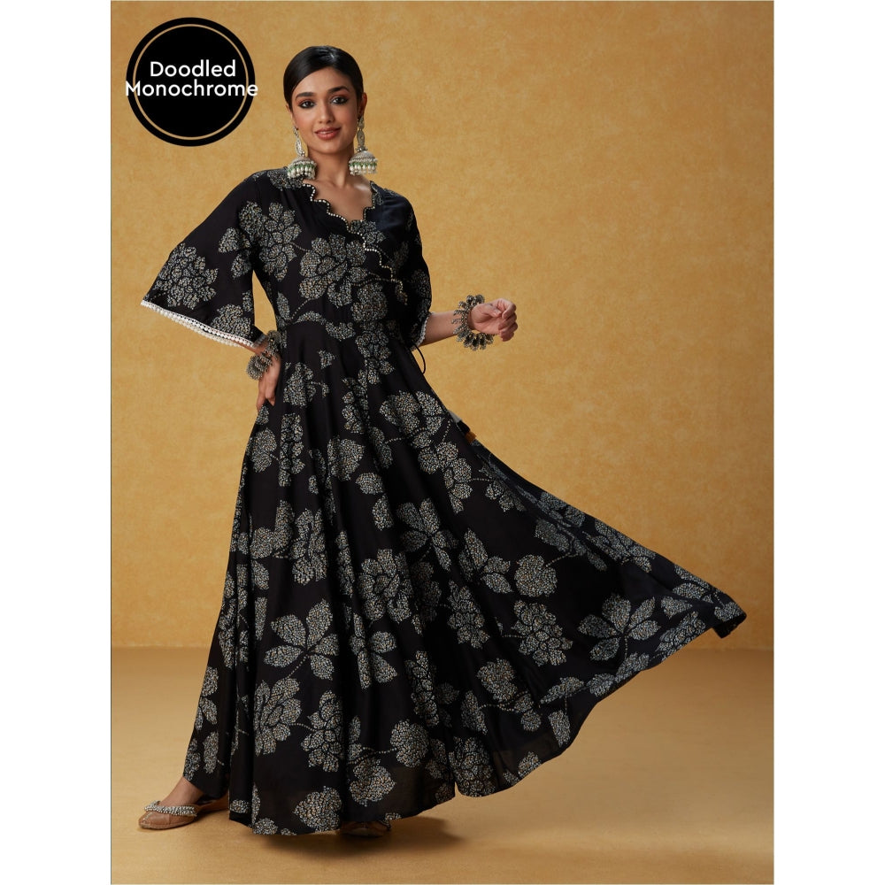 Likha Black Monochrome Floral Printed Angrakha Maxi Dress