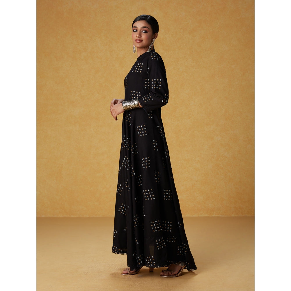 Likha Black Monochrome Dot Printed Flared Maxi Dress