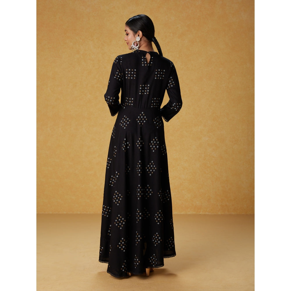 Likha Black Monochrome Dot Printed Flared Maxi Dress